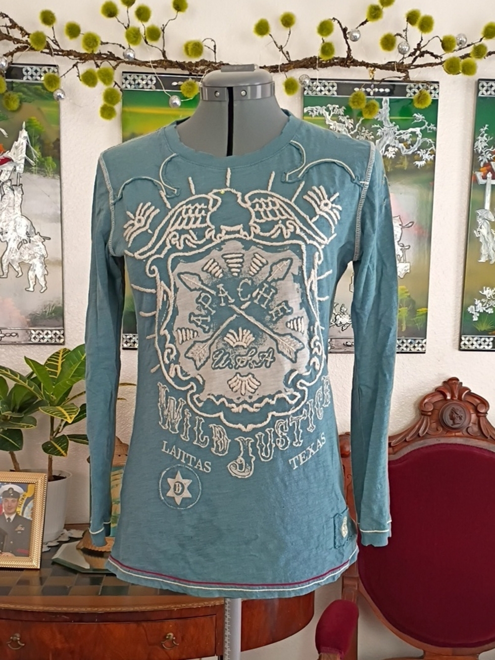 Double D Ranch Teal Blue And White Embroidered Long Sleeve T-shirt Size S